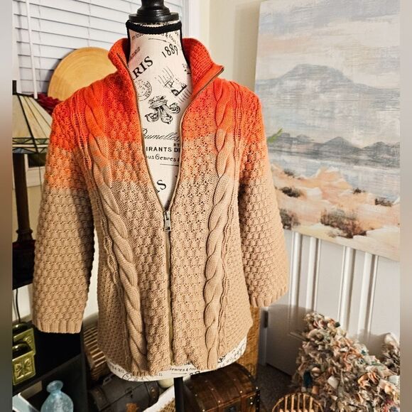 New Rachel Rachel Roy Orange/ Tan Ombra Thick Cable Knit Zipper Front Sweater. - Picture 1 of 15